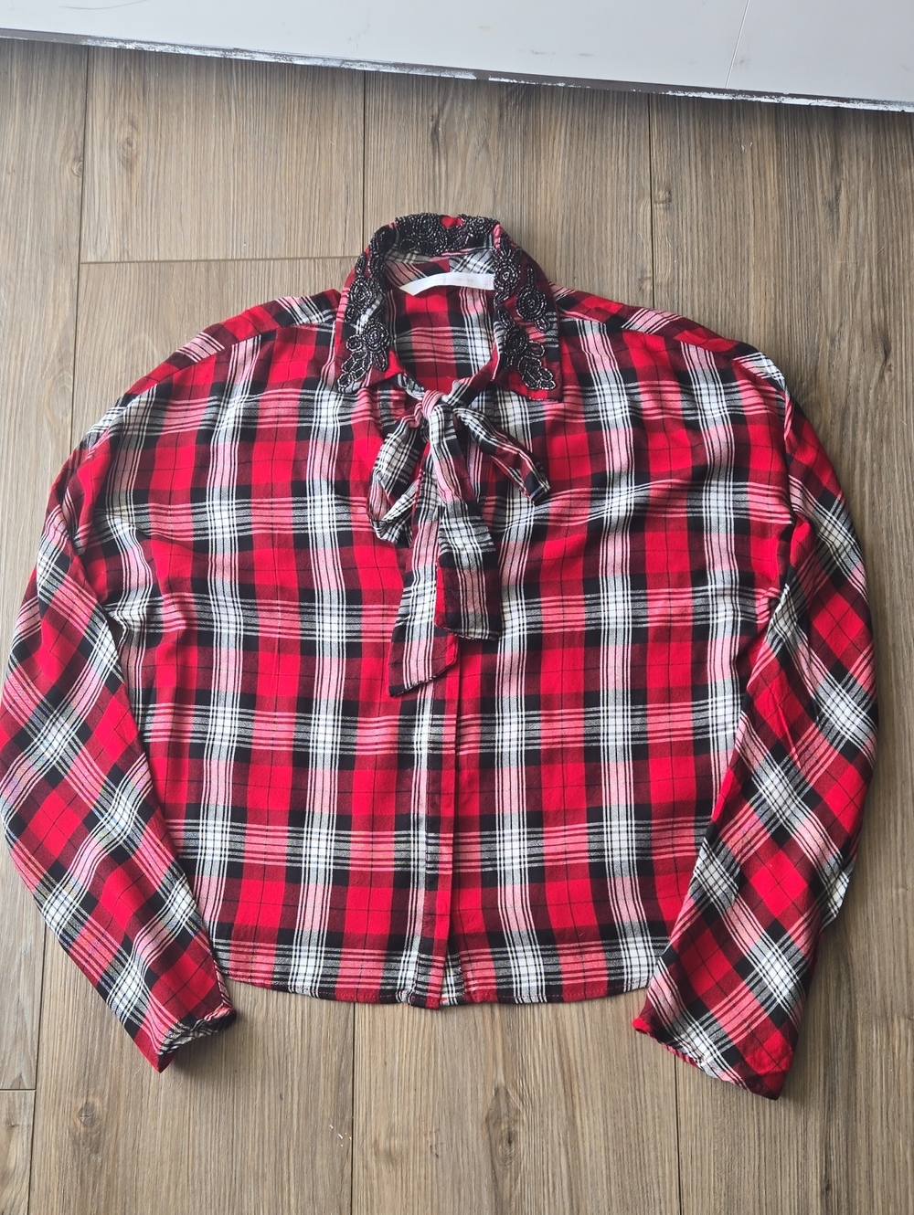 Zara Trefaluc Western Plaid Beaded Blouse